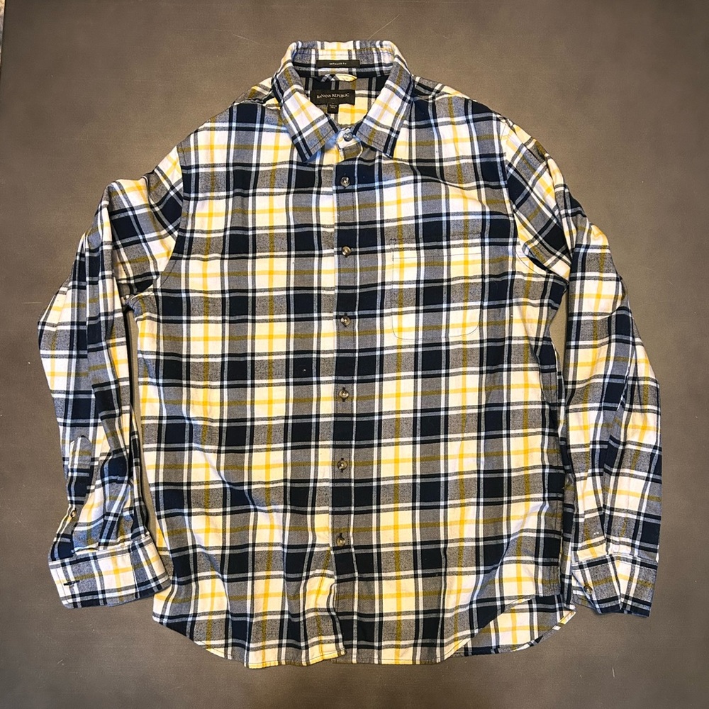 Banana Republic Untucked Fit Men's Large Flannel Shirt Yellow/Blue/White